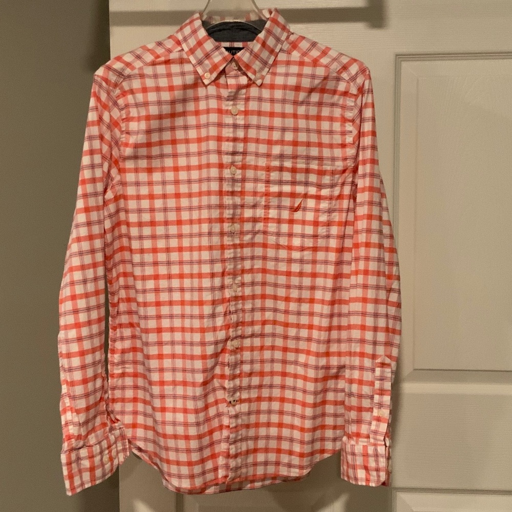 Nautica Men's Orange and White Plaid Shirt